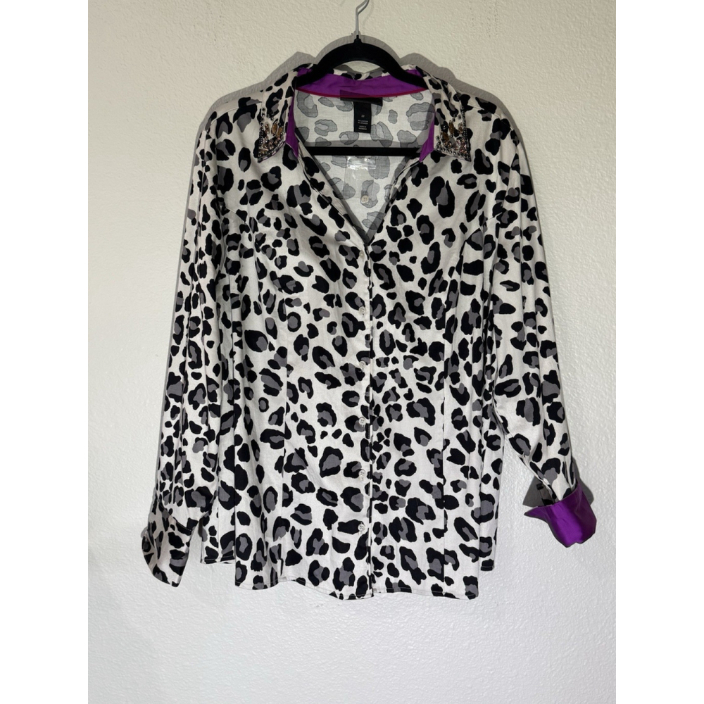 LANE BRYANT Leopard Print Blouse 22 Embellished Collar Button Front Purple Cuffs